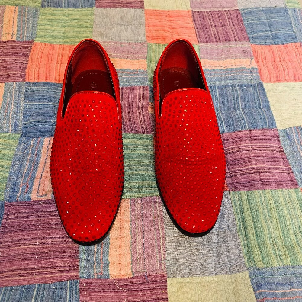 Alberto Fillini Red Velvet and Rhinestone Slip on Loafers, Size 8.5 Men’s